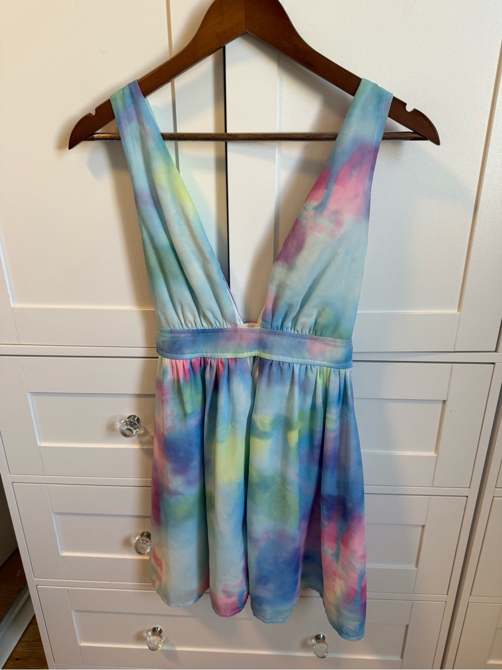 Xenia Boutique Pastel Tie-Dye Mini Dress in Blue, Pink, Yellow